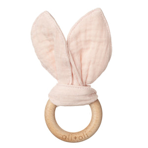 Crinkle Bunny Ears Wooden Ring Teething Toy for Baby (Pink)